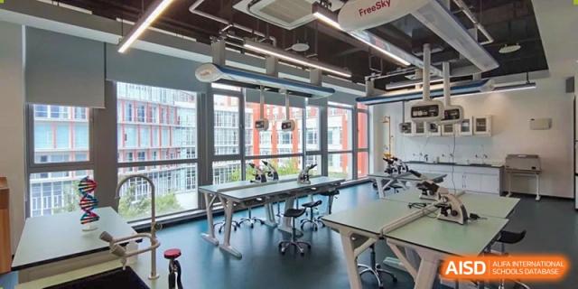 A bright, modern classroom or shared workspace at SHENGHUA ZIZHU ACADEMY with movable tables and chairs next to large windows.