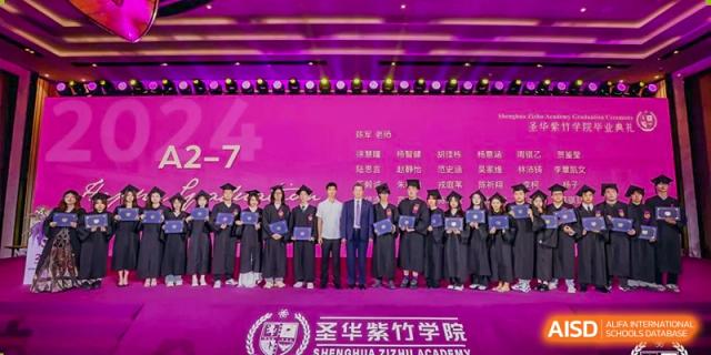A group of students from SHENGHUA ZIZHU ACADEMY posing on a stage with a banner that features the school's name in Chinese characters.