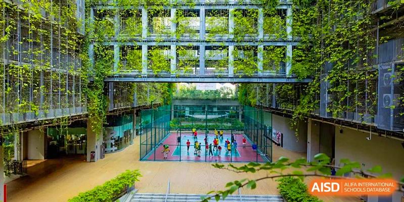 An outdoor sports court, possibly for padel or tennis, surrounded by lush green architecture at Shenzhen College of International Education.