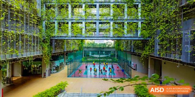 An outdoor sports court, possibly for padel or tennis, surrounded by lush green architecture at Shenzhen College of International Education.