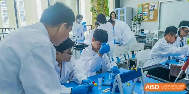 Students in lab coats conducting a scientific experiment with beakers and liquids in a bright laboratory at Shenzhen International Foundation College (SIFC).