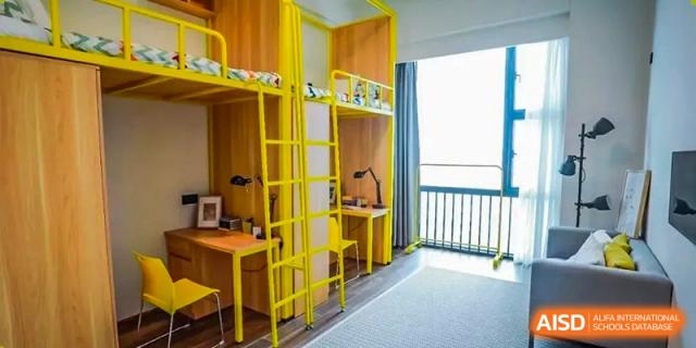 A dorm room interior featuring bright yellow metal bunk beds and study desks at Shenzhen International Foundation College (SIFC).