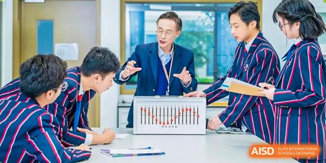 Teacher at Wuxi Huatian Bilingual School giving an engaging lecture and pointing to teaching aids in a classroom.