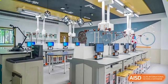 Interior view of a high-tech science or STEM laboratory at Wuxi Huatian Bilingual School.