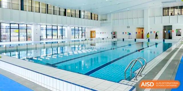 Close-up view of the lanes and starting blocks of the indoor swimming pool at Wycombe Abbey School Hangzhou.