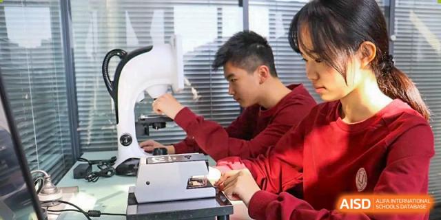 A male student in a red sweater examining an object closely using a microscope or similar scientific instrument in a lab at Zibo MacDuffie Bilingual High School.