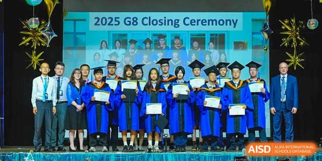 Group photo of students at the G8 Closing Ceremony (graduation) at Yew Wah International Education School of Yantai Campus.