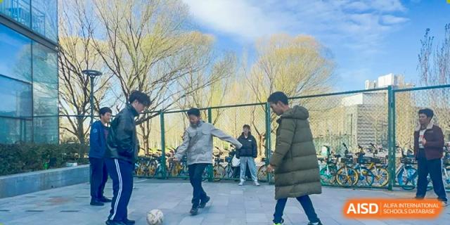 Students gathered outdoors on a bright day, talking and relaxing on a campus path near benches and trees, at Ulink College of Beijing.