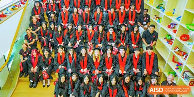 A collage of graduating students in their caps and gowns during a commencement ceremony at Shekou International School.