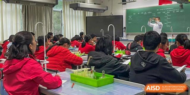 Chengdu Experimental Foreign Languages School International Department students conducting a science experiment with materials on green trays in a lab.