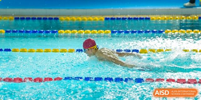 A Chengdu Experimental Foreign Languages School International Department student swimmer competing in a freestyle event, seen mid-stroke in the pool.