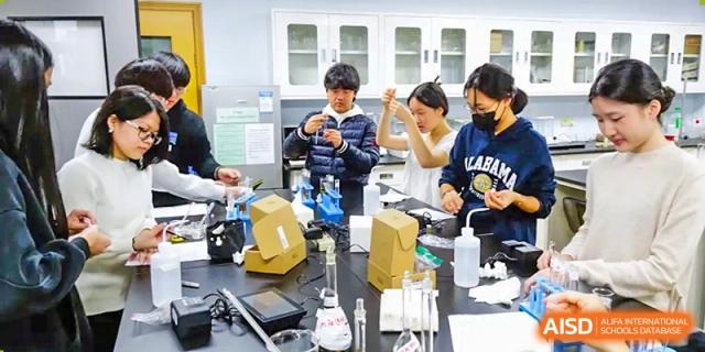 QSI International School of Shenzhen students conducting an experiment with beakers and test tubes in a science lab.