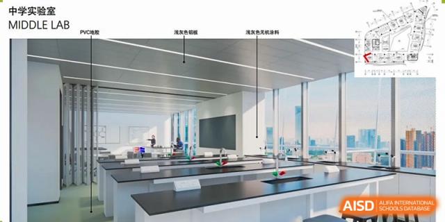The advanced science laboratory at QSI International School of Shenzhen, equipped with lab benches, specialized equipment, and a large display screen.