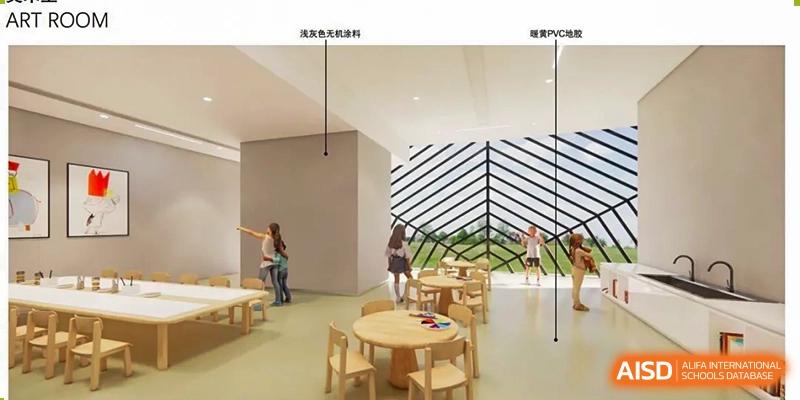 A bright, modern indoor common area at QSI International School of Shenzhen with small circular tables and children's seating, featuring large, angled windows.