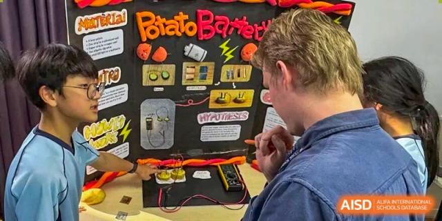 A student examines a colorful "Potato Battery" science project display board featuring diagrams and electrical components at Korea International School in Shenzhen.