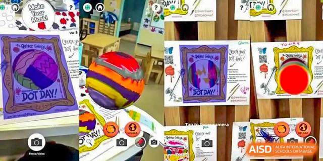 A collage of student artwork including colorful spheres and posters for Dot Day at BASIS International School Wuhan.