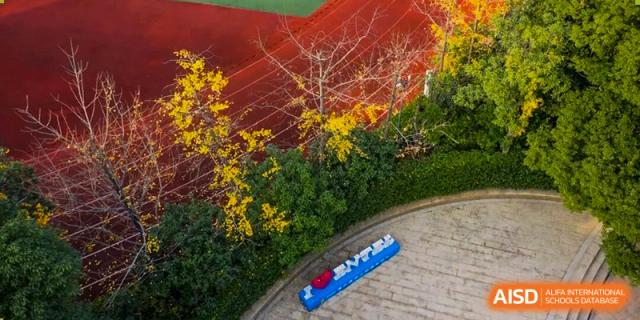 Hangzhou Entel Foreign Language School campus view showing a red running track, vibrant yellow foliage, and lush green bushes around the sports field area in autumn.