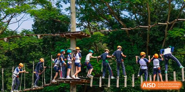 Students wearing safety helmets and harnesses navigate a high-ropes obstacle course at BASIS International School Shenzhen.