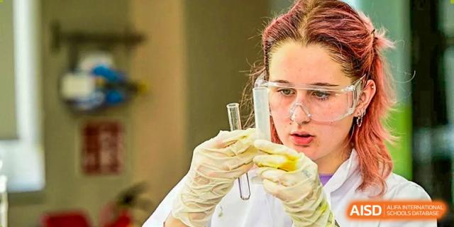 A student wearing protective safety goggles and gloves carefully handles glass test tubes during a hands-on chemistry experiment at Beijing City International School.