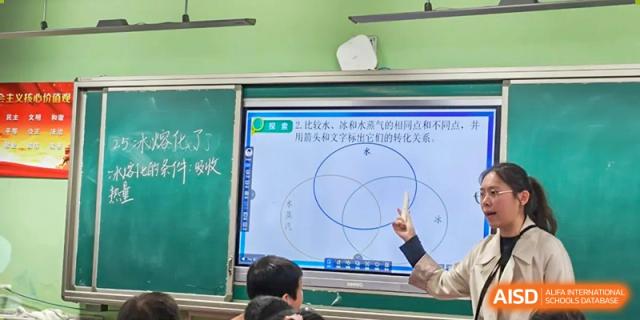 A student points at a geometry diagram on a large interactive digital whiteboard during a class presentation, Hefei Xinhua Academy.