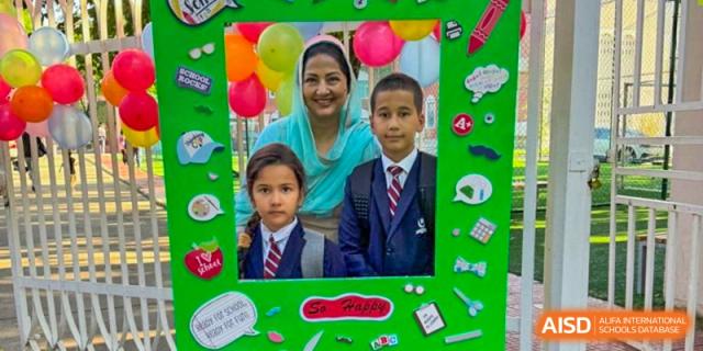 A composite image of a teacher and two students from Pakistan Embassy College Beijing in school uniforms.