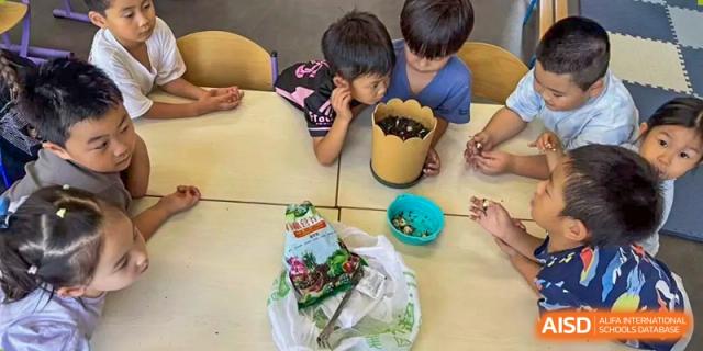 Three young students, supervised by the Proviseur, du Lycée Français International de Pékin, collaboratively working around a table to plant seeds in a brown paper pot, with a seed packet visible on the table.