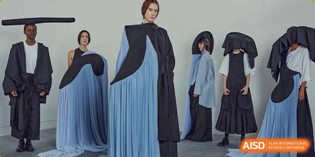 A fashion image displays figures wearing striking modern garments, including a long, pleated blue and black dress, set against a dark background at Maple Leaf International School Shanghai.