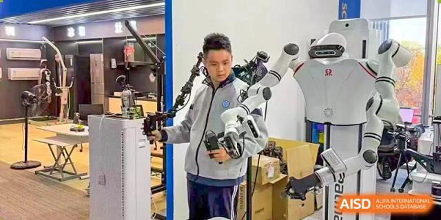 A male student works with high-precision optical equipment, possibly a large microscope or telescope apparatus at Jian Ping High School.
