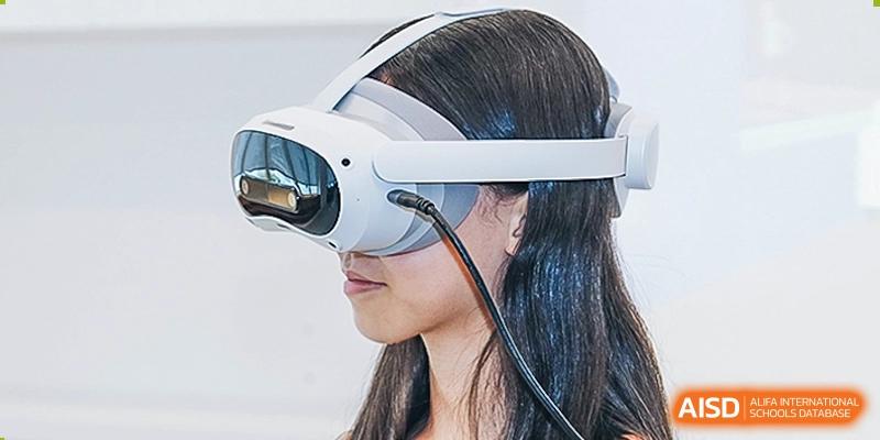 A close-up side profile of a student wearing a white virtual reality (VR) headset, engaged in an immersive educational experience, Avenues: The World School.