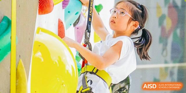 A young student wearing safety gear is focused on climbing an indoor rock wall, demonstrating concentration and effort, Avenues: The World School.