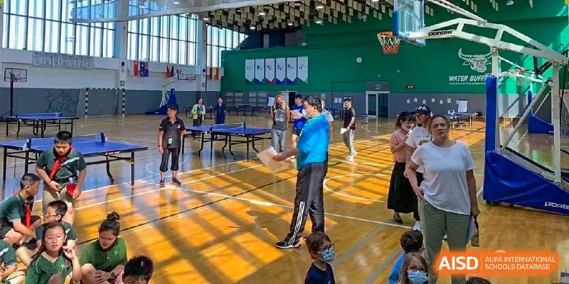 Students and instructors engage in physical education activities inside a bright, sunlit gymnasium at Ecole Française Internationale de Wuhan.