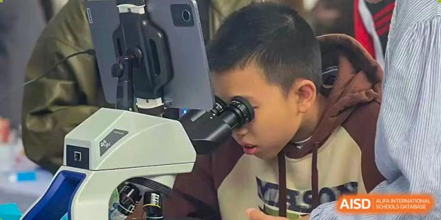 A student looks closely through a professional laboratory microscope while a digital tablet displays the magnified specimen at Wenzhou Foreign Language School.