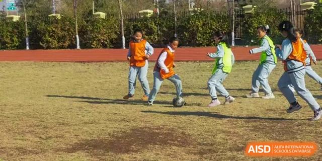 Two students in orange jerseys practice soccer drills on a grass field, focusing on ball control during an outdoor physical education class at Harbin Meijia Foreign Language School.
