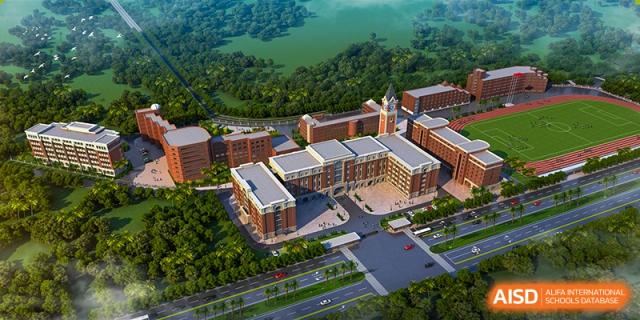 An aerial 3D architectural rendering of the expansive school campus surrounded by lush green trees at Maple Leaf International Schools - Hainan