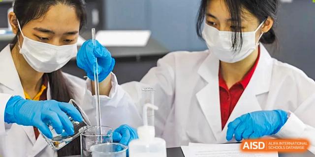 A student wearing a white lab coat and blue gloves carefully conducting a science experiment in a laboratory at Guangzhou ULink International School.