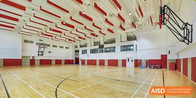 An empty, modern indoor gymnasium with polished wood floors and professional acoustic ceiling panels at Guangzhou ULink International School.