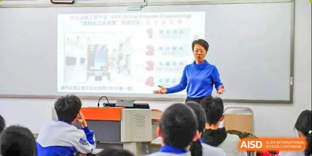 An instructor in a blue top uses a digital whiteboard with a numbered list to explain complex engineering concepts to a classroom of focused students at Beijing LuHe International Academy.