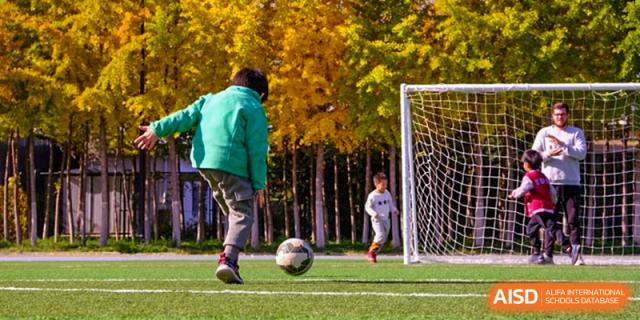 A young student in a green jacket practices soccer skills by kicking a ball toward a goal on a sunny autumn day surrounded by golden trees at Beijing Tongzhou Shuren Private School.