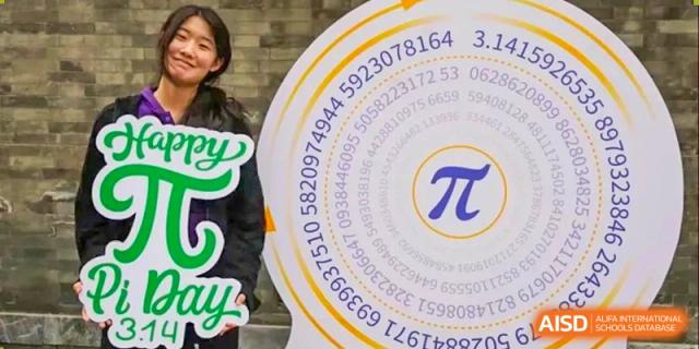 A close-up of a circular "Happy Pi Day" sign featuring the mathematical digits of Pi at Beijing No. 35 High School International Department.