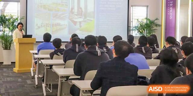 Students seated in a classroom attending a lecture with a projected presentation, demonstrating focused learning, academic engagement, and structured teaching at Xiamen ITG-SUIS High School