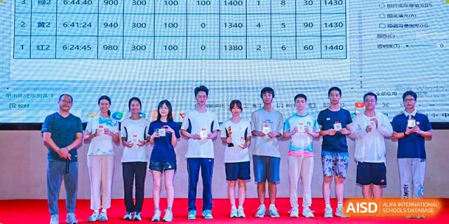 Five students standing on a red stage in front of a data scoreboard, holding awards after a successful competition at the Huafu International Department.