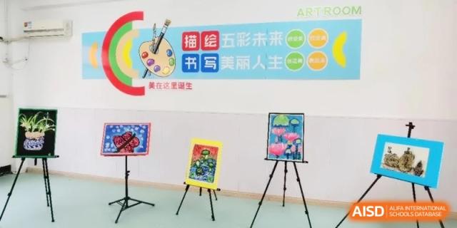 An art room classroom featuring colorful student paintings displayed on easels, with a vibrant banner on the wall promoting creativity at Ronghaui International School.