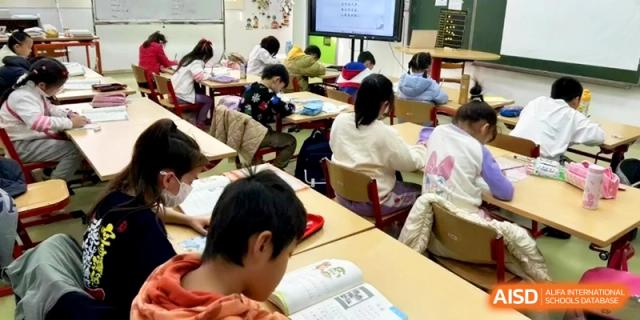 A student reads a book at their desk while the rest of the class works on an assignment at Shanghai Gold Apple Bilingual School.