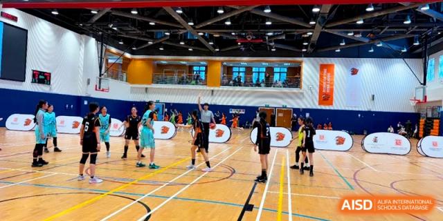 Basketball players compete in a high-energy match in a large modern gymnasium with overhead lighting at Shanghai United International School, Pudong