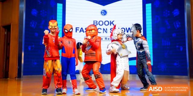 Students dressed as superheroes and ninjas for a Book Fashion Show at Shanghai United International School, Shangyin Campus.