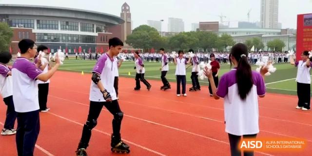 A student in rollerblades practices on the red running track during an outdoor sports event at Xishan Senior High School.