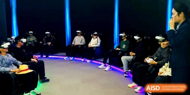 A group of students sit together using virtual reality headsets for an immersive learning experience at Kunshan Senior High School.