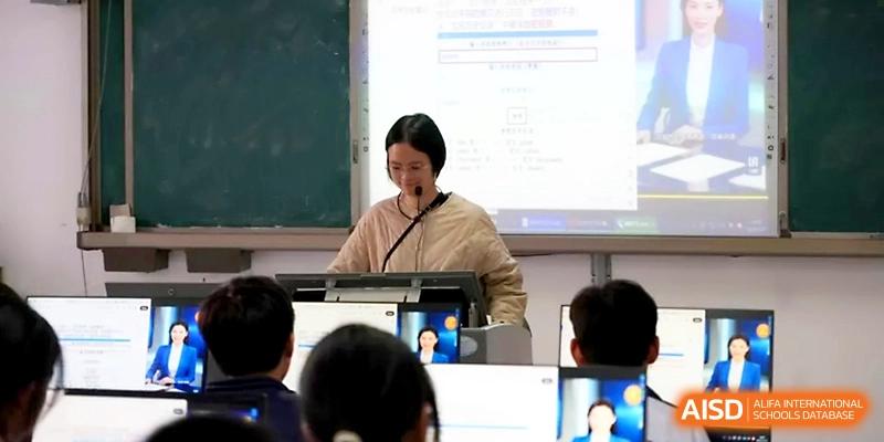 A teacher presents a lesson using a digital projector while students watch from their desks at Ningbo Beilun High School.