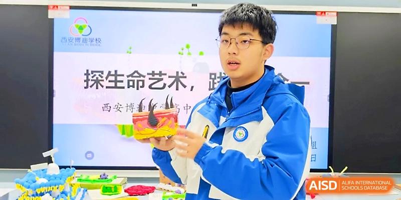 A student demonstrates a colorful 3D anatomical model of skin layers and hair follicles for a science project at Xi_an Bodi School.