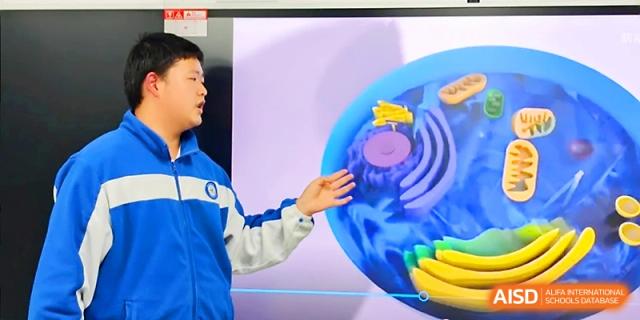 A boy points to a digital screen showing a large, colorful cell diagram during a school presentation at Xi_an Bodi School.